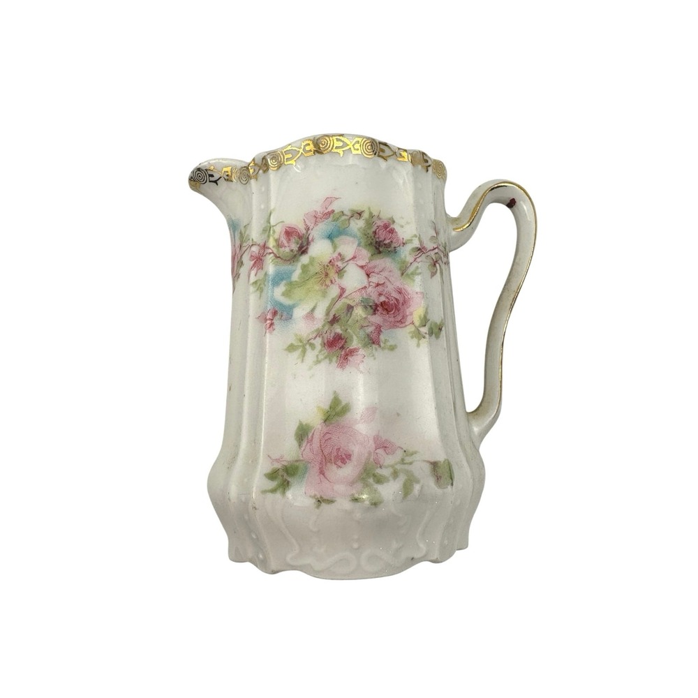 Vintage Porcelain Creamer – Floral Rose Design, Gold Trim,‎ Embossed Pitcher